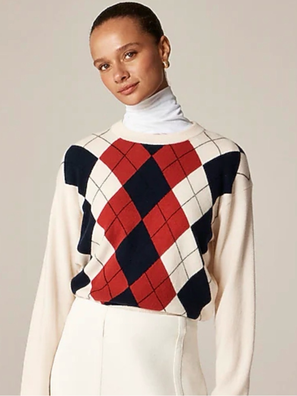 J.Crew 100% Cashmere Argyle Sweater Relaxed Fit Ivory Red Blue Size Medium NWT